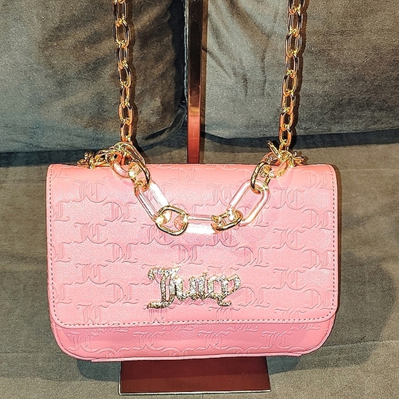 NWT JUICY COUTURE BLING BLING FLAP PINK LEMONADE MONOGRAM EMBOSSED CROSSBODY BAG - Picture 14 of 15